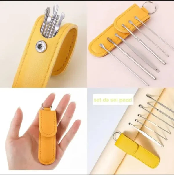 6-Piece Ear Wax Cleaning Kit | Wax Removal Tool Set | Spring Earpick & Spiral Earpick | Portable Leather Pouch