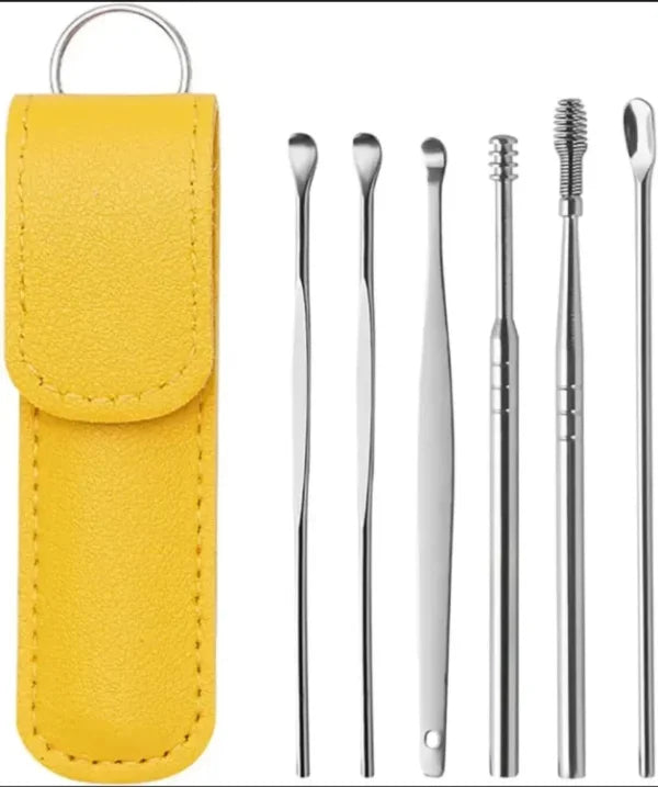 6-Piece Ear Wax Cleaning Kit | Wax Removal Tool Set | Spring Earpick & Spiral Earpick | Portable Leather Pouch