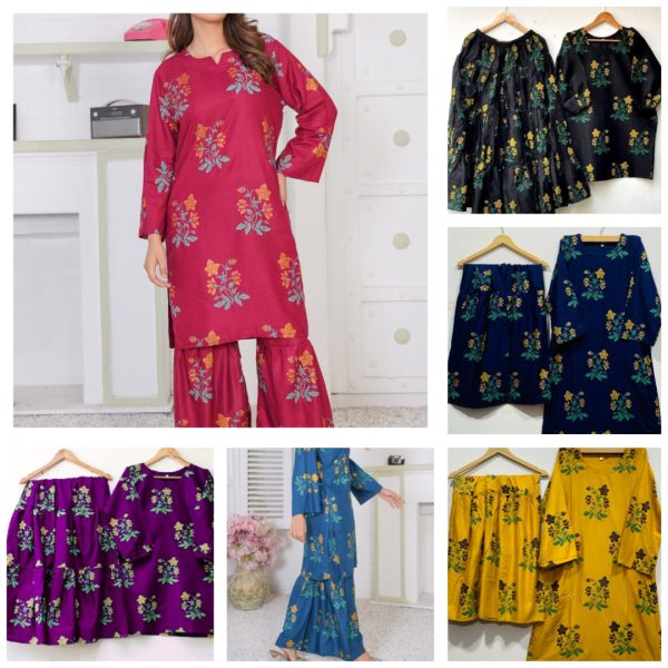 Linen Block Flower Print 2-Piece Suit in Shararah Style for Women