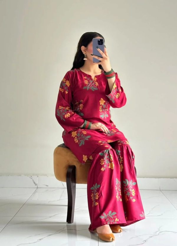 Linen Block Flower Print 2-Piece Suit in Shararah Style for Women