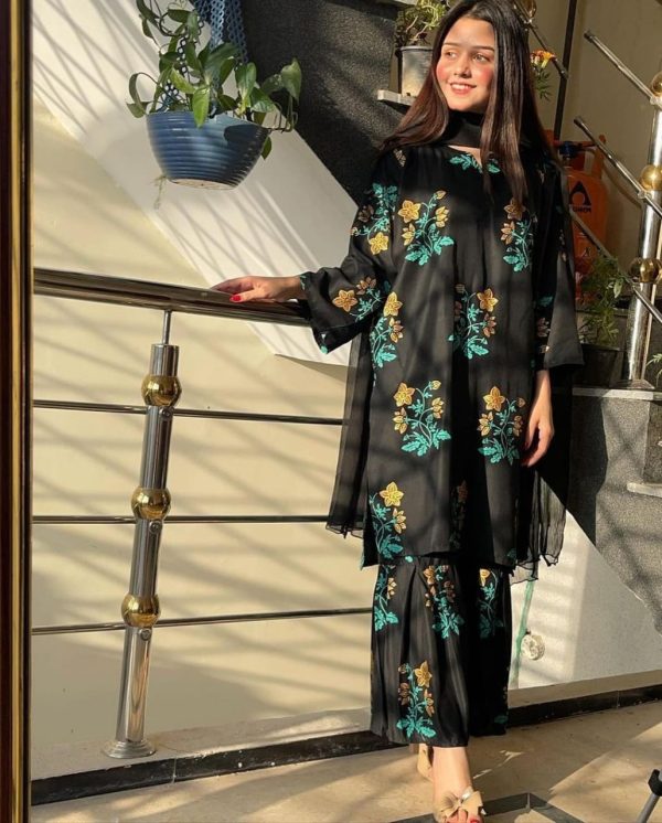 Linen Block Flower Print 2-Piece Suit in Shararah Style for Women