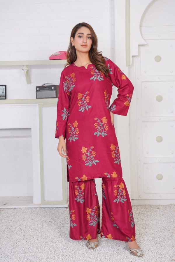 Linen Block Flower Print 2-Piece Suit in Shararah Style for Women