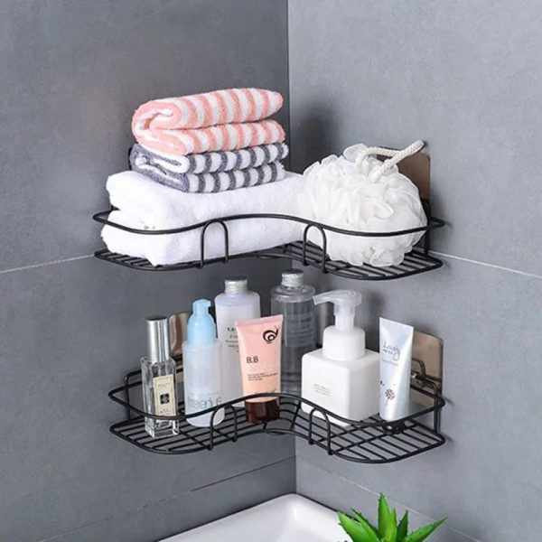 Metal Corner Rack for Bathroom & Kitchen - Wall Mount Shelf Organizer with Hooks, Punch-Free Installation