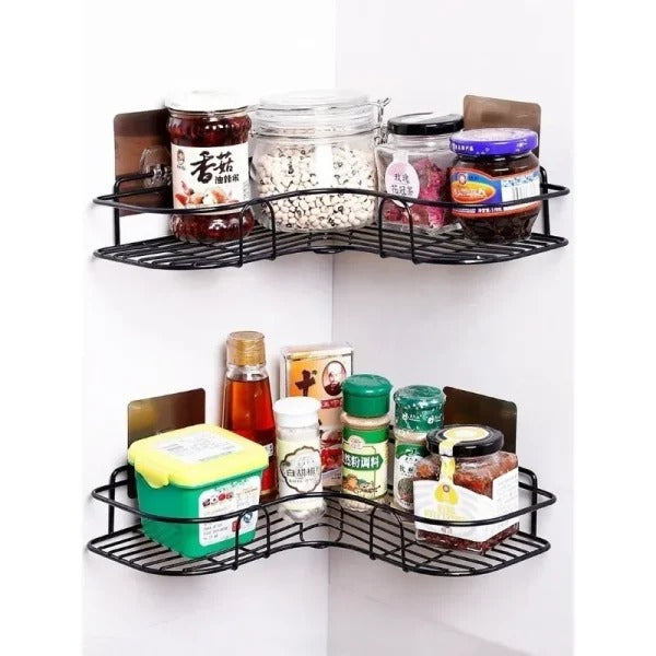 Metal Corner Rack for Bathroom & Kitchen - Wall Mount Shelf Organizer with Hooks, Punch-Free Installation