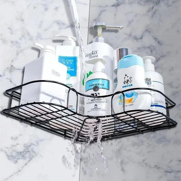 Metal Corner Rack for Bathroom & Kitchen - Wall Mount Shelf Organizer with Hooks, Punch-Free Installation